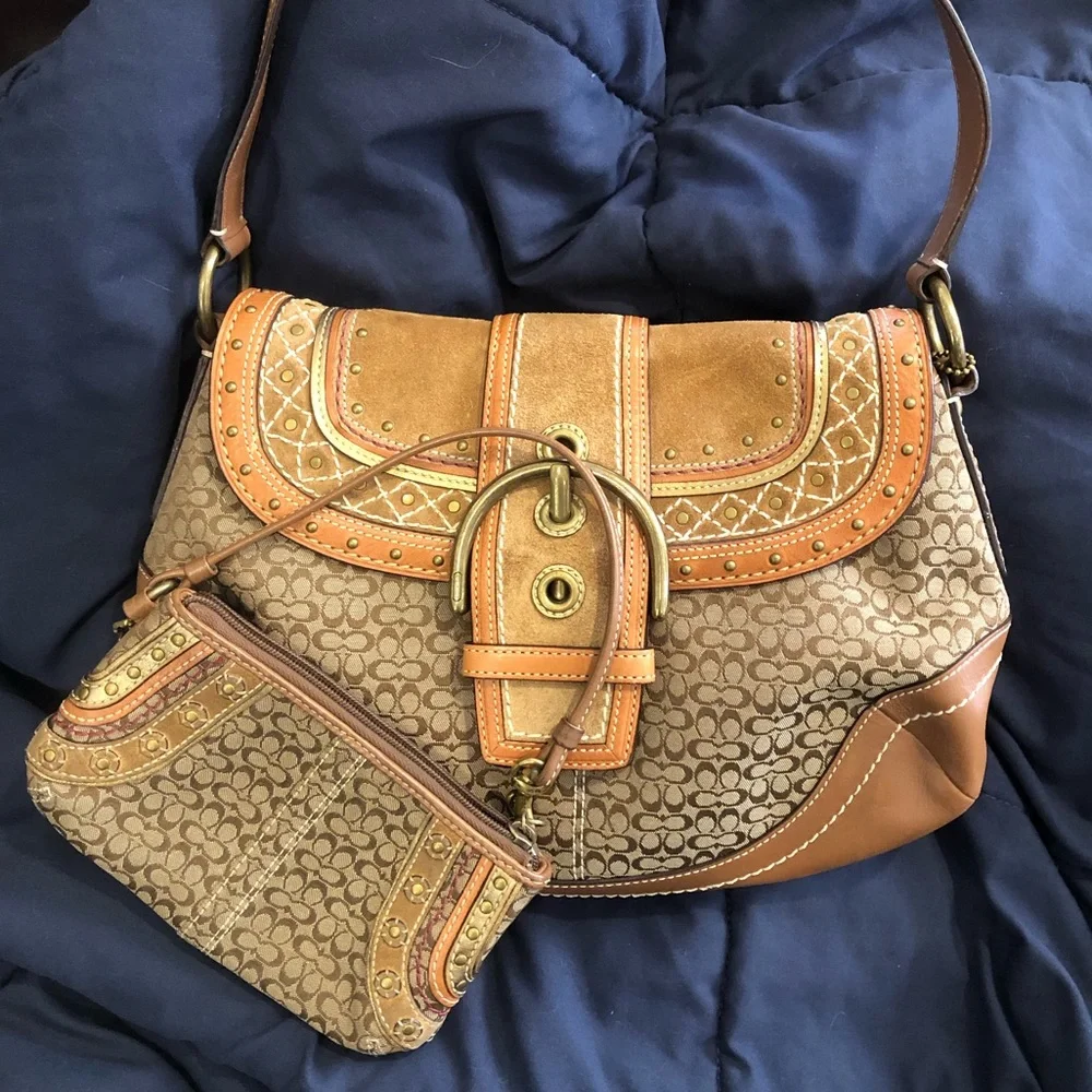 COACH Soho Signature C Jacquard Embroidered Studded Wristlet Shoulder Bag SET - Picture 17 of 17